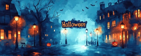 Victorian street, gas lamps glowing, Halloween decorations, Watercolor style crayon text "Halloween" on background, Vector illustration