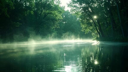 Morning Mist Rising Over a Still River in a Lush Forest