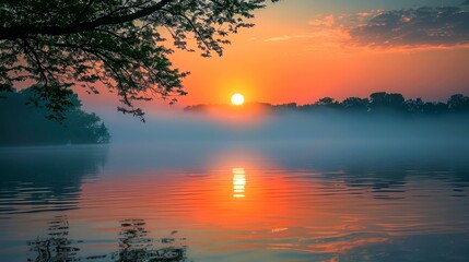Obraz premium Misty Sunrise Over a Calm Lake With Silhouetted Trees