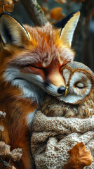 Obraz premium Fox and Owl Woodland Cuddle: Heartwarming Friendship in Nature, Intimate Moment in Autumn Forest, Warm Colors and Cozy Vibes, Animal Companionship