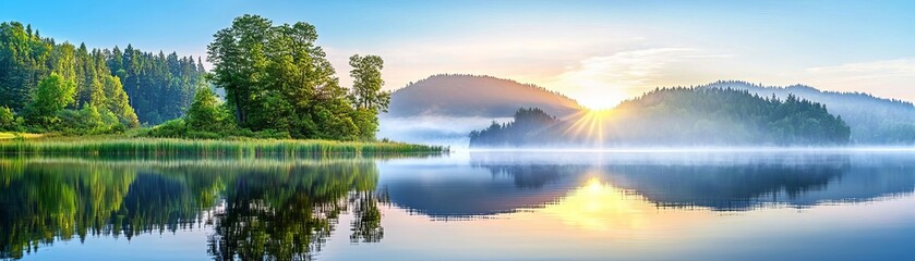 Obraz premium Serene morning lake reflection, Lake Reflection, Calm, Dawn Light
