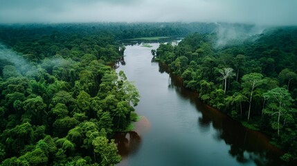 Fototapeta premium Aerial View of a Serpentine River Winding Through Lush Rainforest