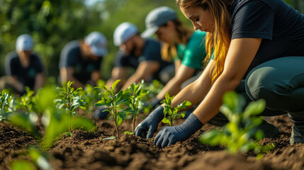Volunteers Planting Young Trees Together in Forest on Community Service Day Under Clear Blue Sky, Collaborative Environmental Effort, Teamwork, Nature Conservation, Group Planting, Green Activism