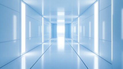 Obraz premium A sterile, bright, blue and white corridor with bright, white lights and a gleaming floor leading to an open doorway.