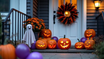 Obraz premium Close-up Halloween setting house entrance with jack-o-lanterns, wreaths, orange and black, purple balloons and ghost doll decorations.