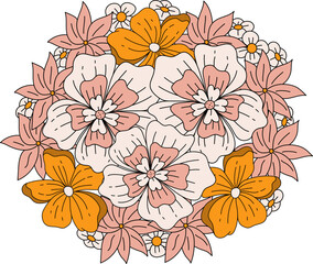 Vector Illustration of Groovy Boho Wildflower Bouquet 