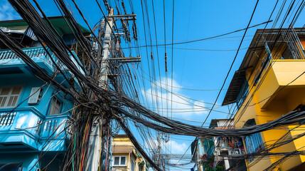 A dense cluster of tangled overhead power cables running between buildings in a vibrant urban neighborhood under a bright blue sky.