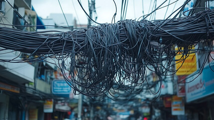 A dense cluster of tangled electrical cables hanging across a busy urban street, highlighting the complexities of city infrastructure.