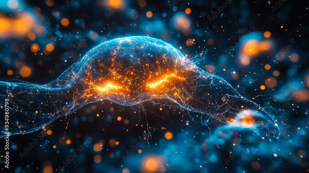 Poster futuristic neural network visualization with glowing synaptic connections in a sci-fi setting