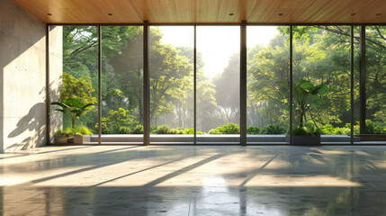 Modern contemporary empty hall nature render overlooking  living room behind  concrete floors