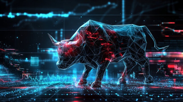 A bull is depicted in a futuristic setting with a red and blue color scheme. The bull is surrounded by a network of lines and dots, giving the impression of a digital or computer-generated image