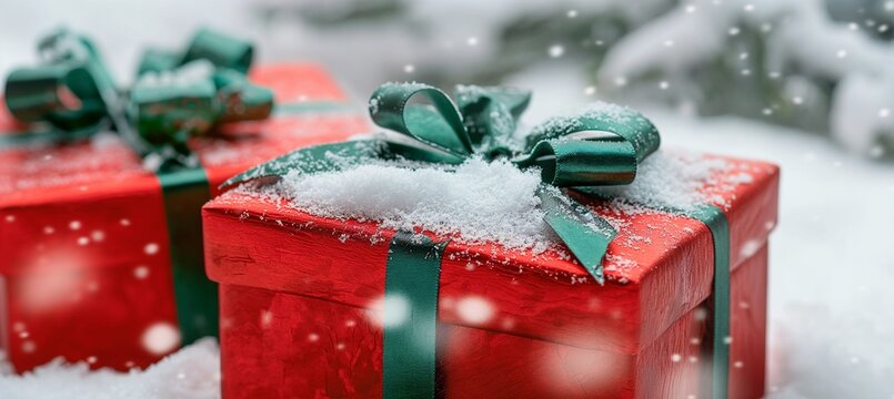 red christmas gifts with green ribbon and ornaments on snow