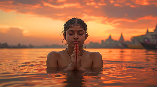 An indian woman praying in river ganges during sunrise.