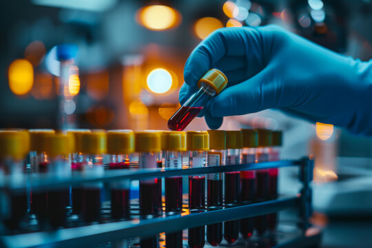 Microscope with test tubes with blood samples