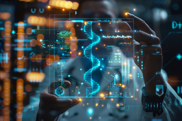 Medicine doctor holding blue helix DNA structure on hologram modern virtual screen interface and diagnose healthcare on digital network