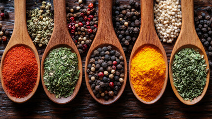 Assorted Spices on Wooden Spoons Top View Retro Filter - Culinary Ingredients for Cooking and Food Photography, Colorful Seasoning Arrangement