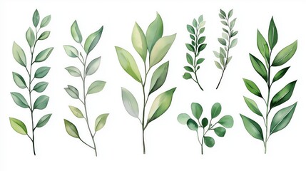 Set of watercolor green leaves branches isolated on white background.
