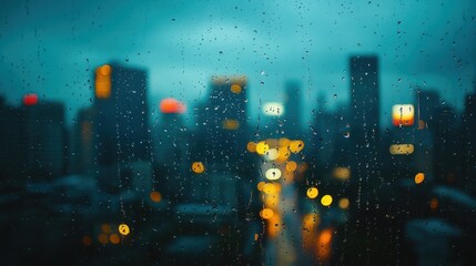 Fototapeta premium View of Night City through a window on a rainy night,Rain drops on window with car on road light bokeh,City life in night in rainy season abstract background. Focus on drops on glass,the wet window.