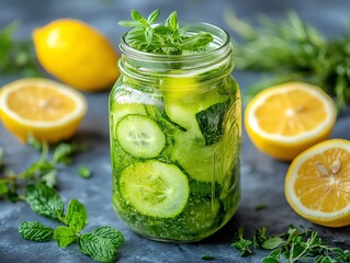 A mason jar of detox juice with a mix of green vegetables, surrounded by sprigs of fresh herbs and lemon slices, detox juice, natural and refreshing