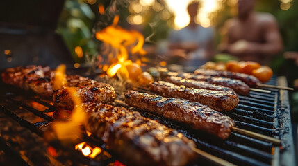 Summer Barbecue Party with Grilled Skewers and Friends Enjoying Outdoor Gathering in Warm Sunset Light