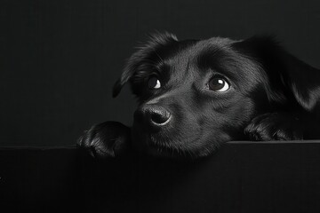 A thoughtful black dog with expressive eyes, capturing emotions in a serene black and white portrait.