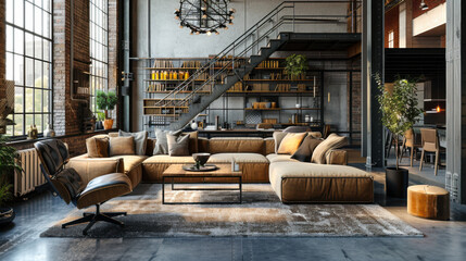 Living room interior in loft, industrial style