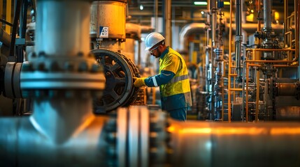 A worker in safety gear inspects a large valve at an oil refinery, surrounded by intricate piping and industrial machinery, highlighting the technical aspects of the oil and gas industry