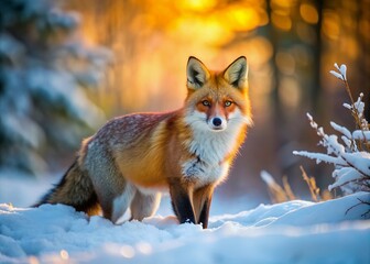 Obraz premium A solitary, rusty-orange red fox vulpes with a bushy tail and piercing yellow eyes explores a snowy woodland landscape at dawn.