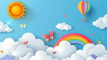 Obraz premium Beautiful fluffy clouds on blue sky background with summer sun
