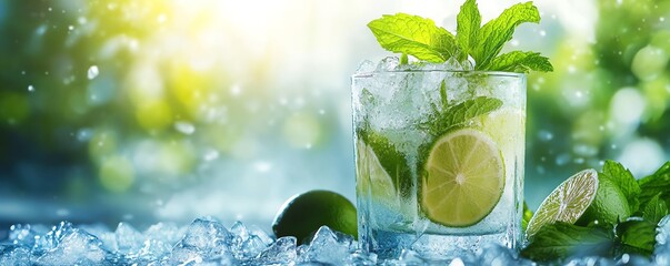 Frosty mojito with fresh mint leaves and lime, overflowing with crushed ice, tropical background, cold drink ice, cool and revitalizing