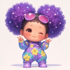 Fototapeta premium A cute chibi baby girl character with large purple afro puffs and pink sunglasses winks while wearing a floral jumpsuit against a plain background.