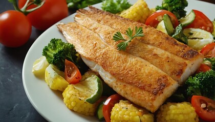 Delicious Fish dish with lemon and salad, Baked or fried salmon or tuna, seafood Healthy concept