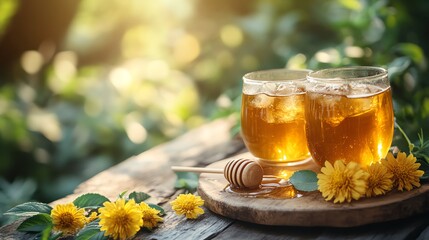 Iced herbal tea with a touch of honey, set on a rustic wooden table, garden backdrop, soft drink beverage, natural and soothing