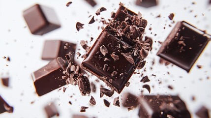 Chocolate Pieces Falling and Shattering in Mid-Air