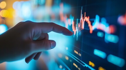 Fototapeta premium Close-up of a financial analyst's hand pointing at a stock market graph on a computer screen, showcasing fluctuating trends and data