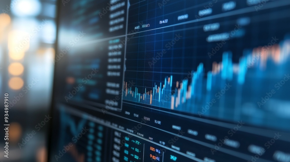 Fototapete Close-up of a financial graph with sharp, clear data visualization, showing detailed trends and projections on a high-definition monitor