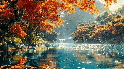 Autumnal Forest with Waterfall and Reflecting Lake
