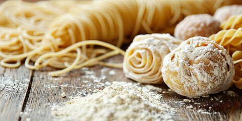 Fototapeta premium A close up of pasta and flour on the table, generative AI