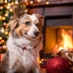 Mascota en una sala de estar navideña, sentada junto a una chimenea encendida, rodeada de adornos, guirnaldas, y luces festivas, con un árbol de Navidad, creando un ambiente cálido y acogedor de invie