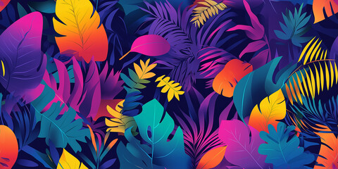 Bold and vibrant seamless pattern with neon-colored tropical leaves on a dark background. Ideal for nightlife, party themes, and exotic designs.