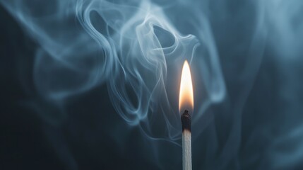 Fototapeta premium Close-up of smoke enveloping a single lit match, highlighting the fine details and movement of the smoke as it disperses
