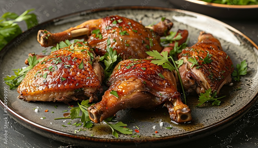 Wall mural Roasted legs with parsley and spices on a black background