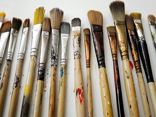Fototapeta premium Paintbrushes of various sizes, bristles detailed, white surface