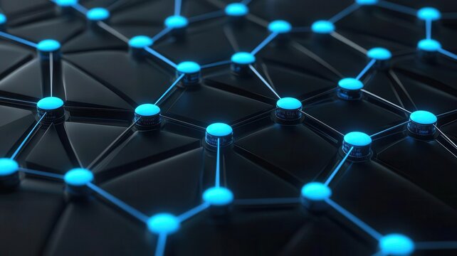 Cyber security grid, blue glowing nodes, dark holographic data