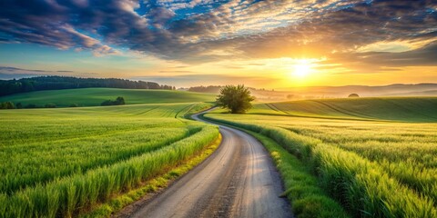 Obraz premium Country road winding through green wheat fields at sunrise, country road, green, wheat fields