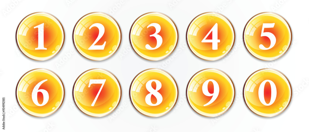 Poster simple numbers icon with yellow glossy circle. from 0 to 9. number button art vector illustration.