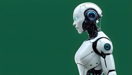 Futuristic Humanoid AI Robot with Human-Like Features on Green Background