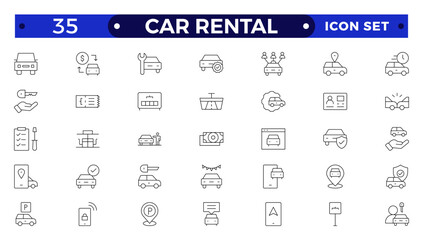Car and rent simple minimal thin line icons. Related car rent, repair, transport, travel. Car dealer, vehicle and automobile industry related outline icons set.