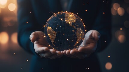 Fototapeta premium CRM. Customer network relationship management concept, Businessman hold of global structure customer network technology, Data exchanges development. customer service, Banking, Business strategy.