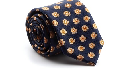Rolled up navy blue tie with floral pattern.